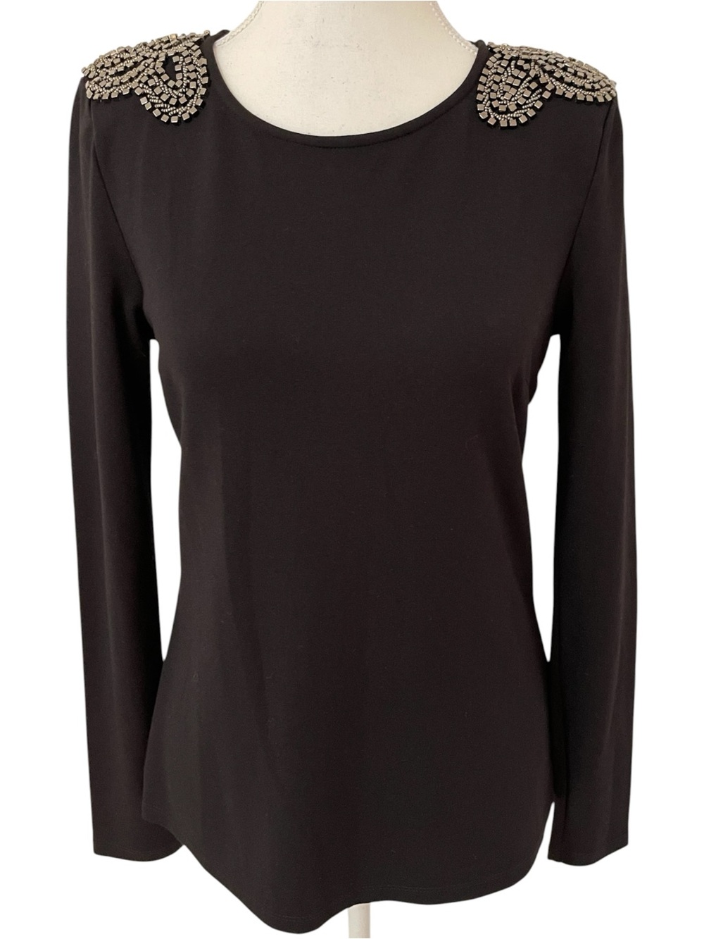 Forever 21 Black Long-Sleeve Top with Beaded Shoulders Details Size Small